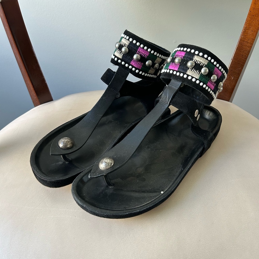 Isabel Marant black leather embroidered/studded thong style sandals